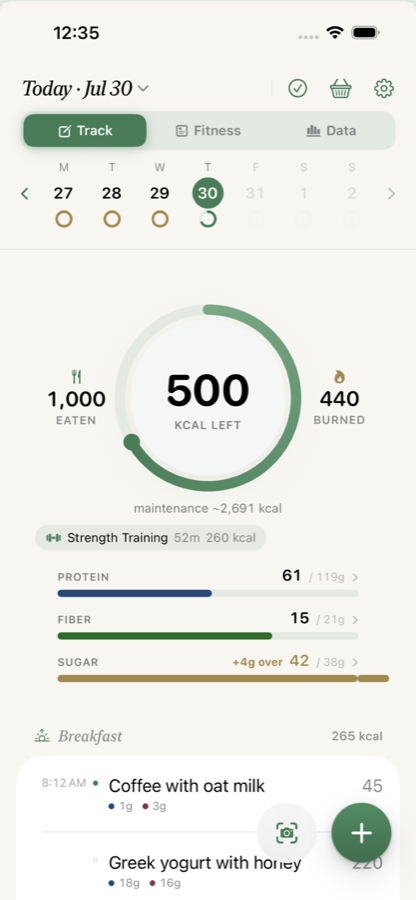 Calvin's dashboard: a ring showing 500 kcal left of the day's target, with protein, fiber and sugar bars and the day's meals listed below.