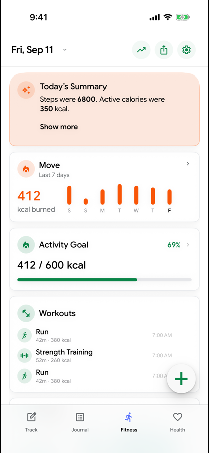 Calvin’s actual activity dashboard with movement, workouts, and active energy