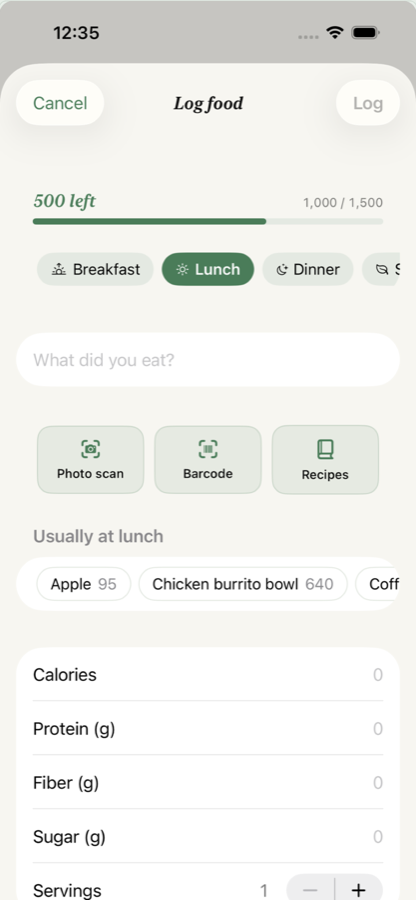 Calvin's log screen: a search field, Photo scan, Barcode and Recipes buttons, and a row of foods usually eaten at lunch.