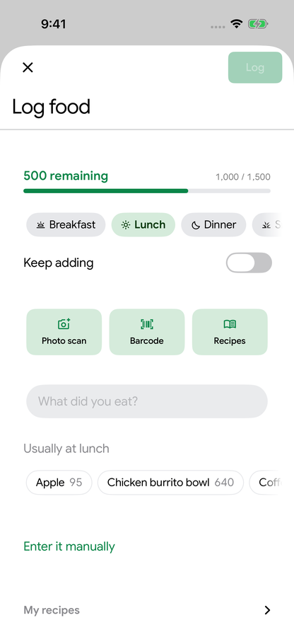 Calvin’s actual food logging screen