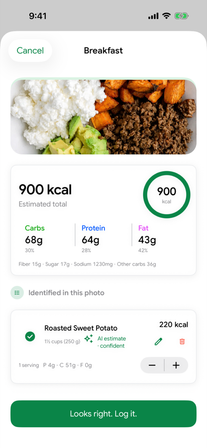 Calvin’s actual meal-photo estimate screen with a food photo and nutrition breakdown