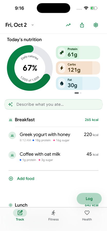 Calvin’s current Track screen with a calorie ring, macros, and the food log